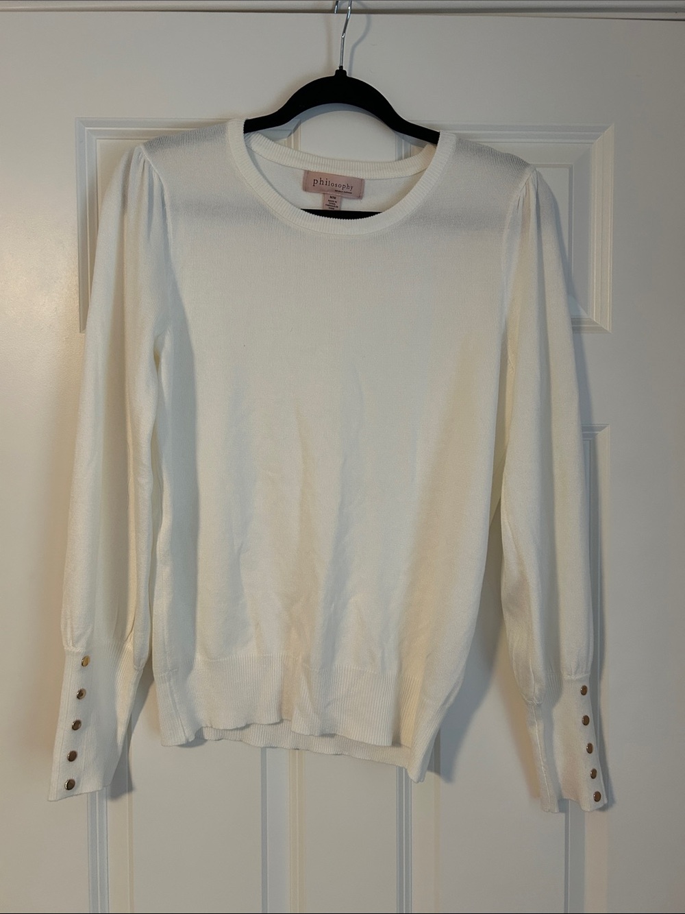 Philosophy Cream Long Sleeve Crewneck Knit Top with Button Cuffs